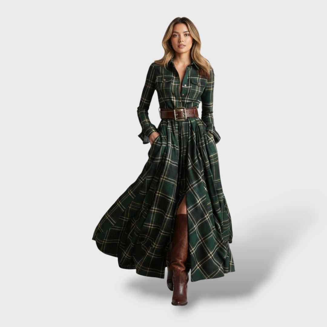 Vestido Camisero Largo de Cuadros con Manga Larga y Bolsillos - Verde
