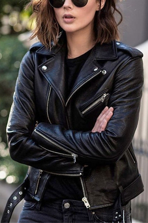 Olvido | Chaqueta Motera Efecto Piel con Solapas Anchas para Mujer - Negro