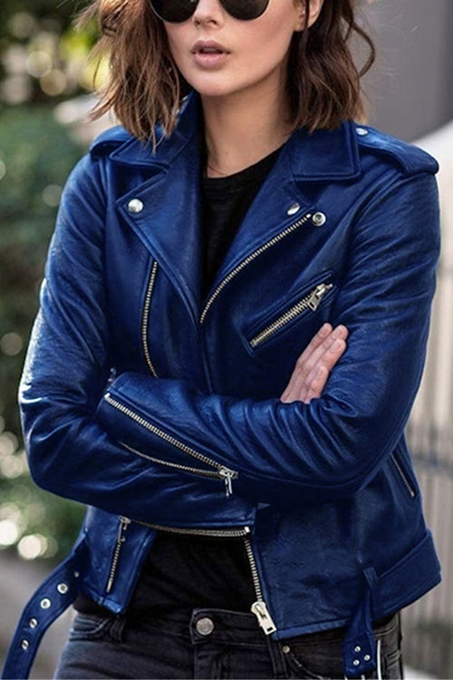 Olvido | Chaqueta Motera Efecto Piel con Solapas Anchas para Mujer - Azul