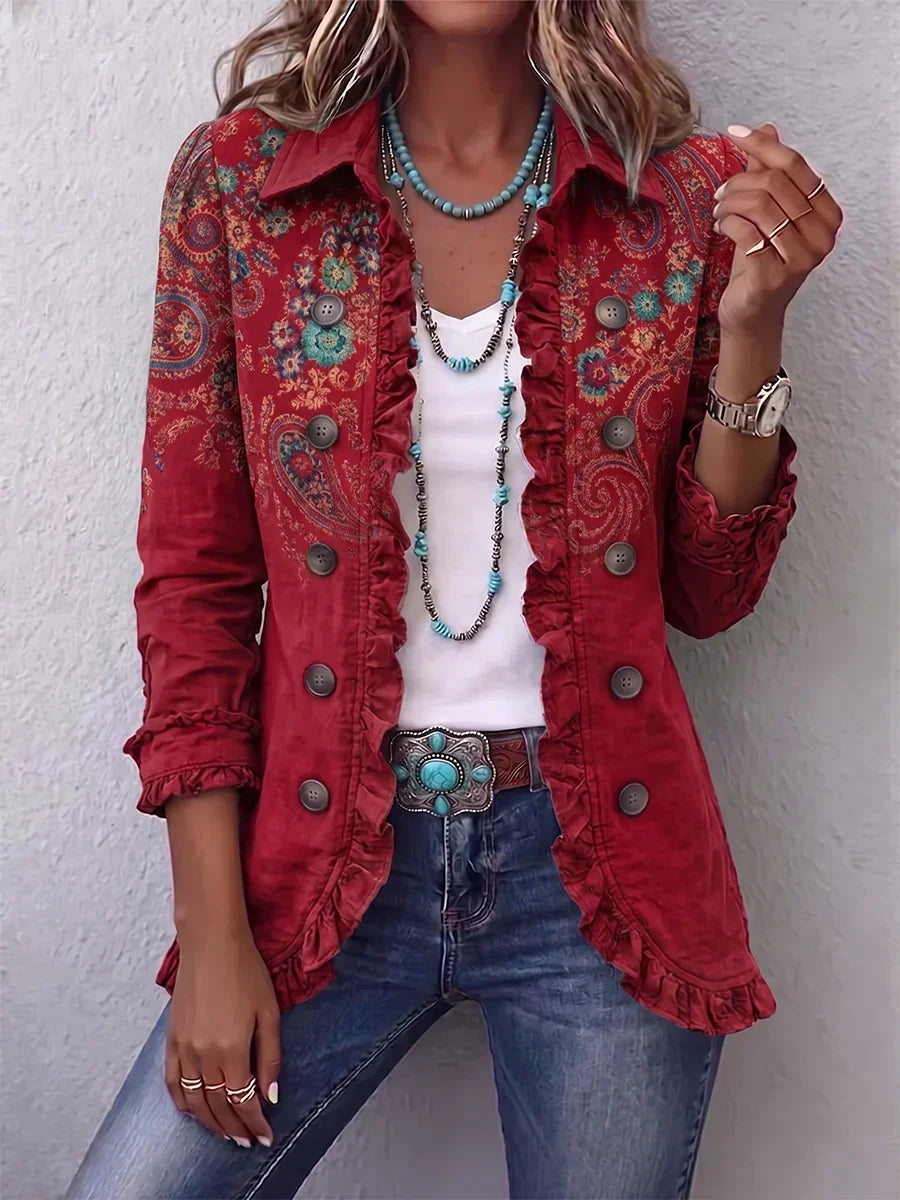 Chaqueta bohemia volantes estampado paisley mujer