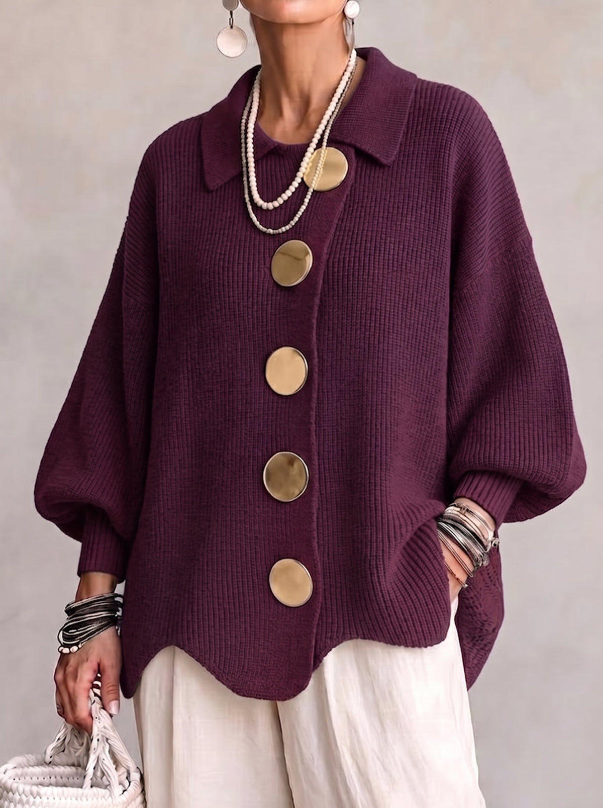Cárdigan oversize mujer con botones grandes y mangas farol