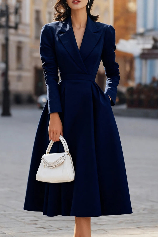 Otilia | Vestido Midi de Solapa con Cuerpo Entallado y Falda Evasé - Azul marino