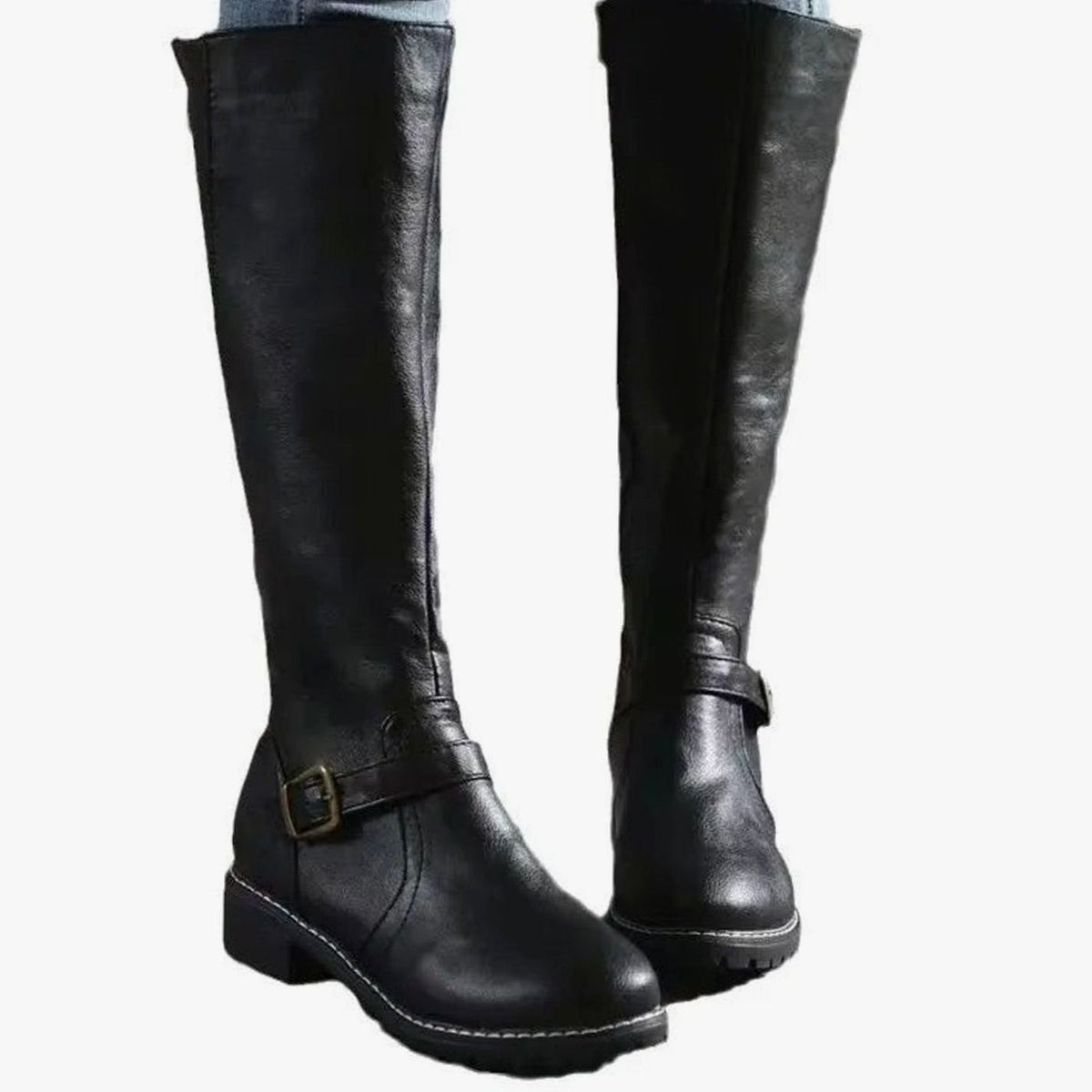 Paca | Botas Altas Efecto Piel con Hebilla y Tacón Bajo