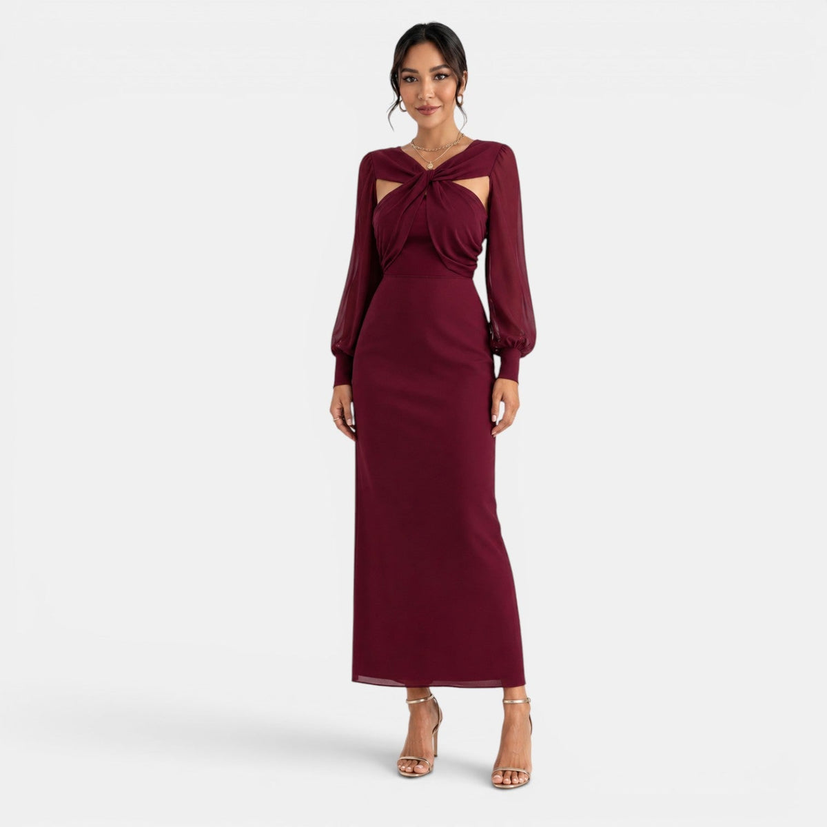 Pastora | Vestido Largo Rojo de Fiesta con Nudo Frontal y Manga Larga - Rojo