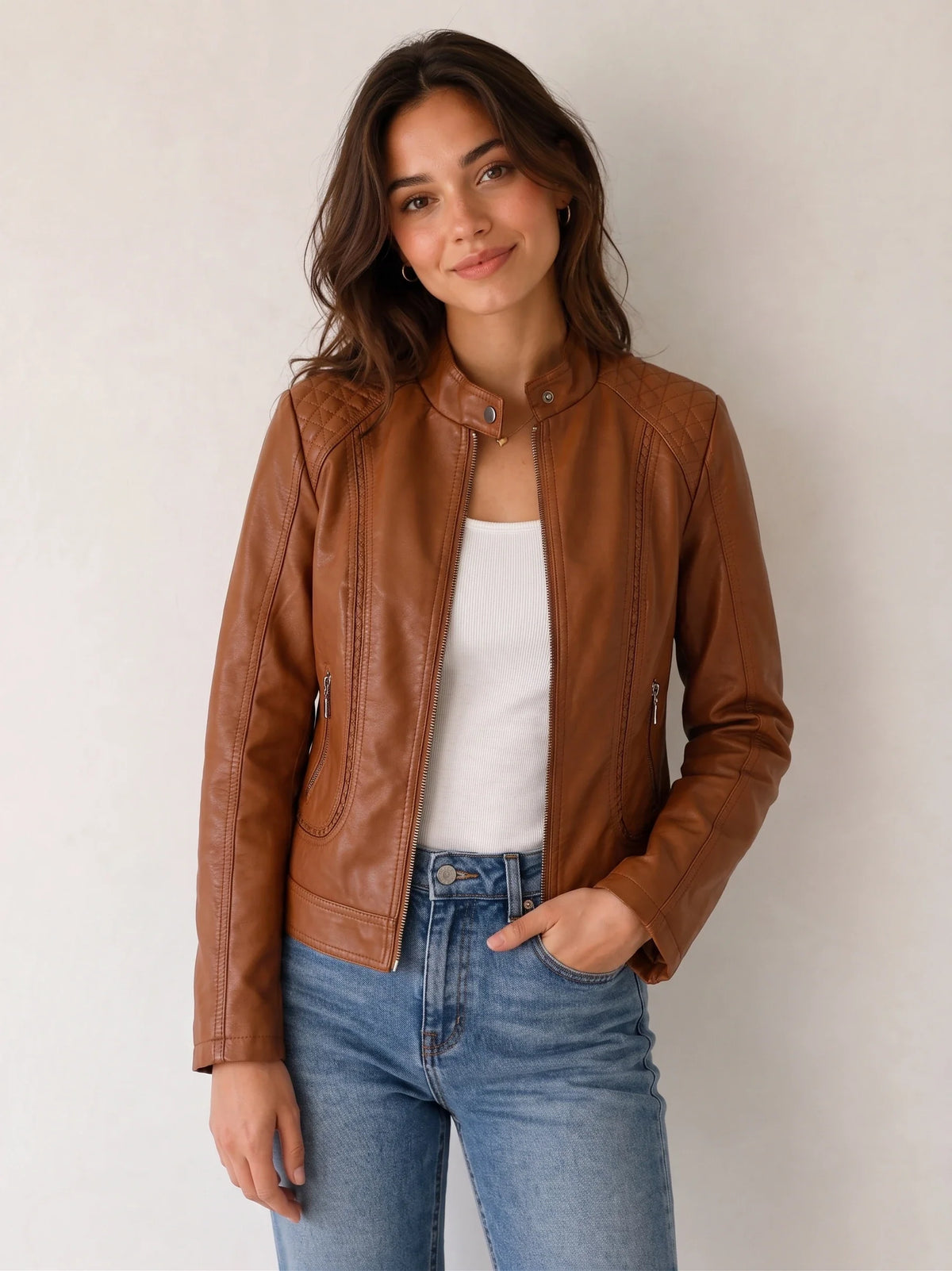 Pía | Chaqueta Cuello Mao Efecto Piel con Hombros Acolchados - Marrón