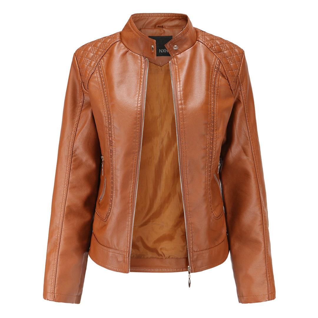 Pía | Chaqueta Cuello Mao Efecto Piel con Hombros Acolchados