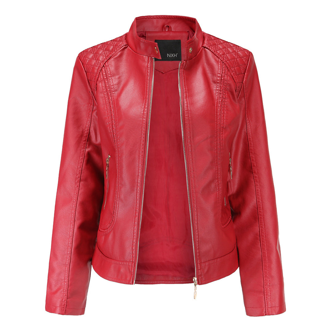 Pía | Chaqueta Cuello Mao Efecto Piel con Hombros Acolchados - Rojo