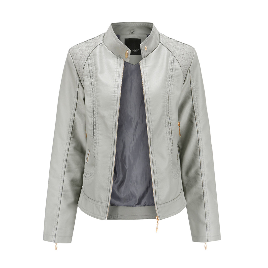 Pía | Chaqueta Cuello Mao Efecto Piel con Hombros Acolchados - Gris