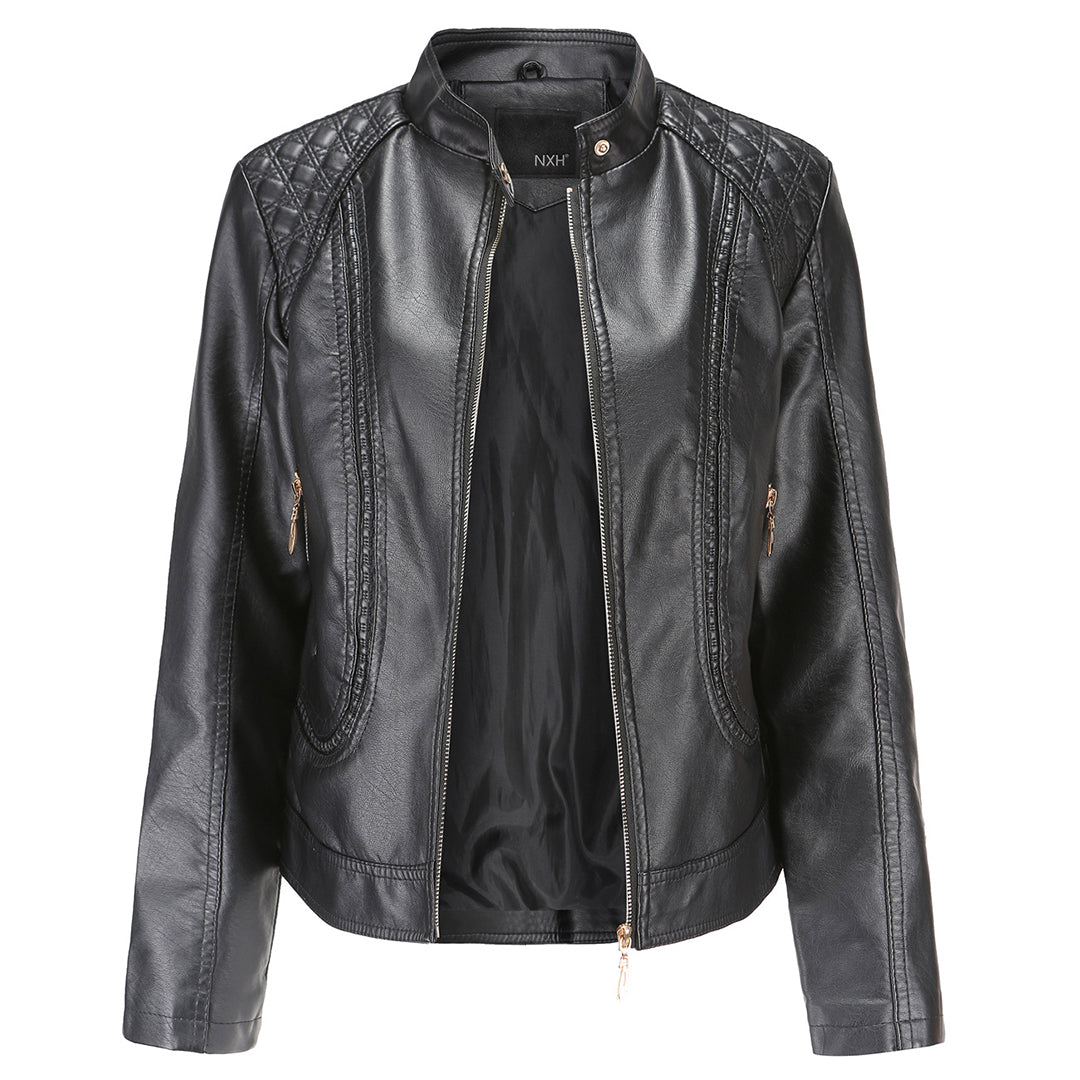Pía | Chaqueta Cuello Mao Efecto Piel con Hombros Acolchados - Negro
