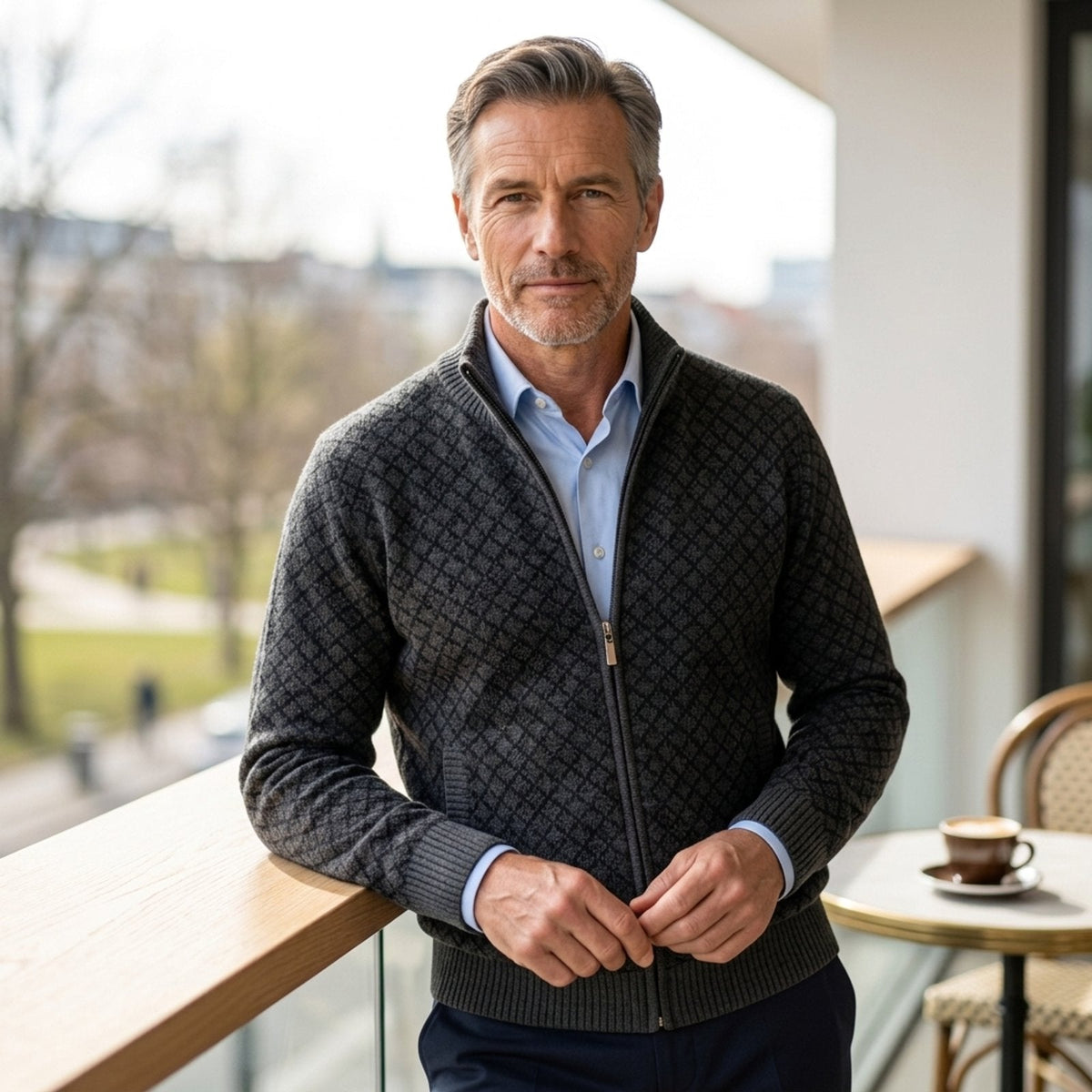 Jersey de punto hombre con cremallera y cuello alto a cuadros