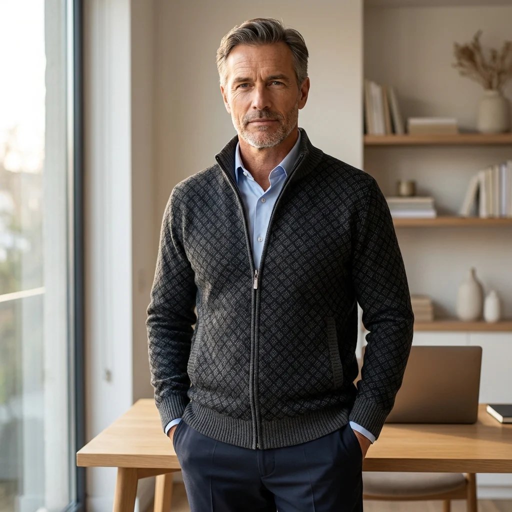 Jersey de punto hombre con cremallera y cuello alto a cuadros