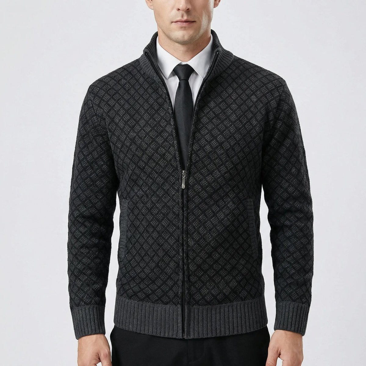 Jersey de punto hombre con cremallera y cuello alto a cuadros