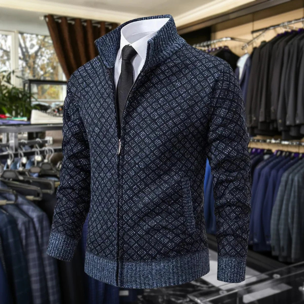Jersey de punto hombre con cremallera y cuello alto a cuadros