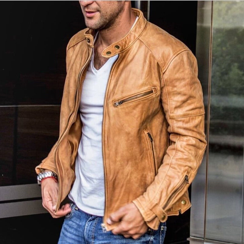 Prudencio | Cazadora Efecto Piel con Cuello Mao para Hombre - Camel