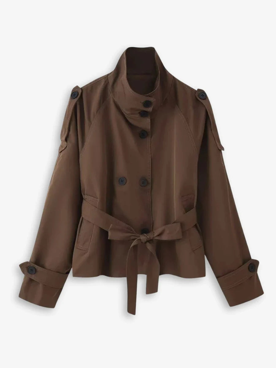 Purificación | Chaqueta Trench Corta con Cinturón y Cuello Alto - Marrón