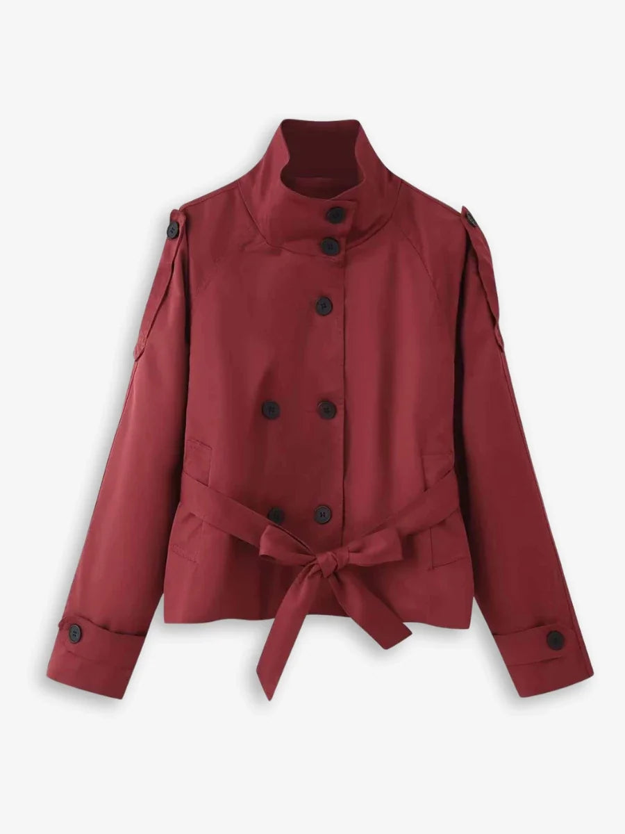 Purificación | Chaqueta Trench Corta con Cinturón y Cuello Alto - Rojo