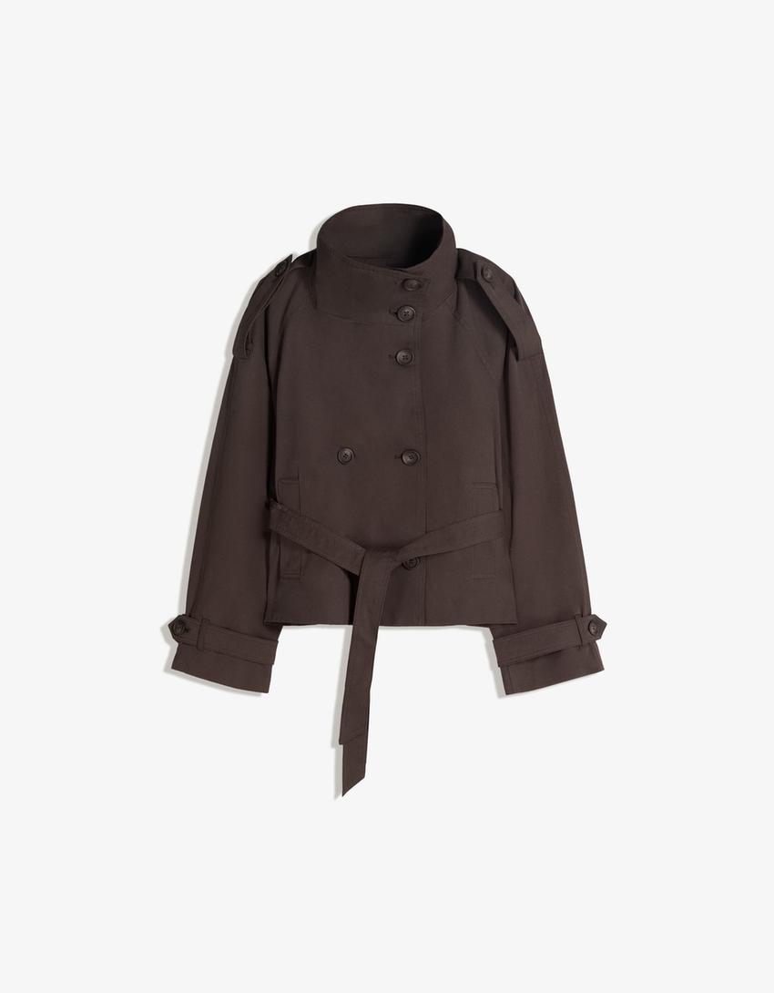 Purificación | Chaqueta Trench Corta con Cinturón y Cuello Alto