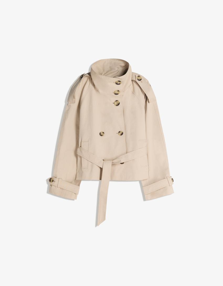 Purificación | Chaqueta Trench Corta con Cinturón y Cuello Alto