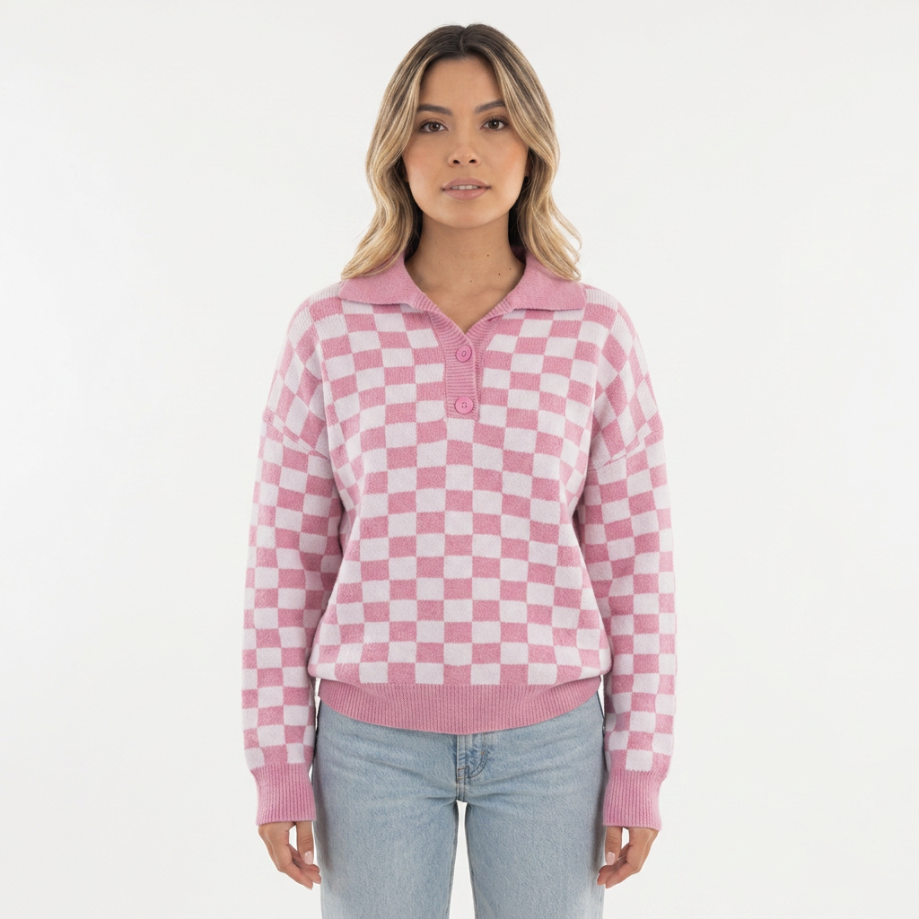 Jersey de Punto con Cuadros Damero y Cuello Polo con Botones - Rosa
