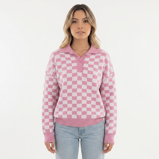 Jersey de Punto con Cuadros Damero y Cuello Polo con Botones - Rosa
