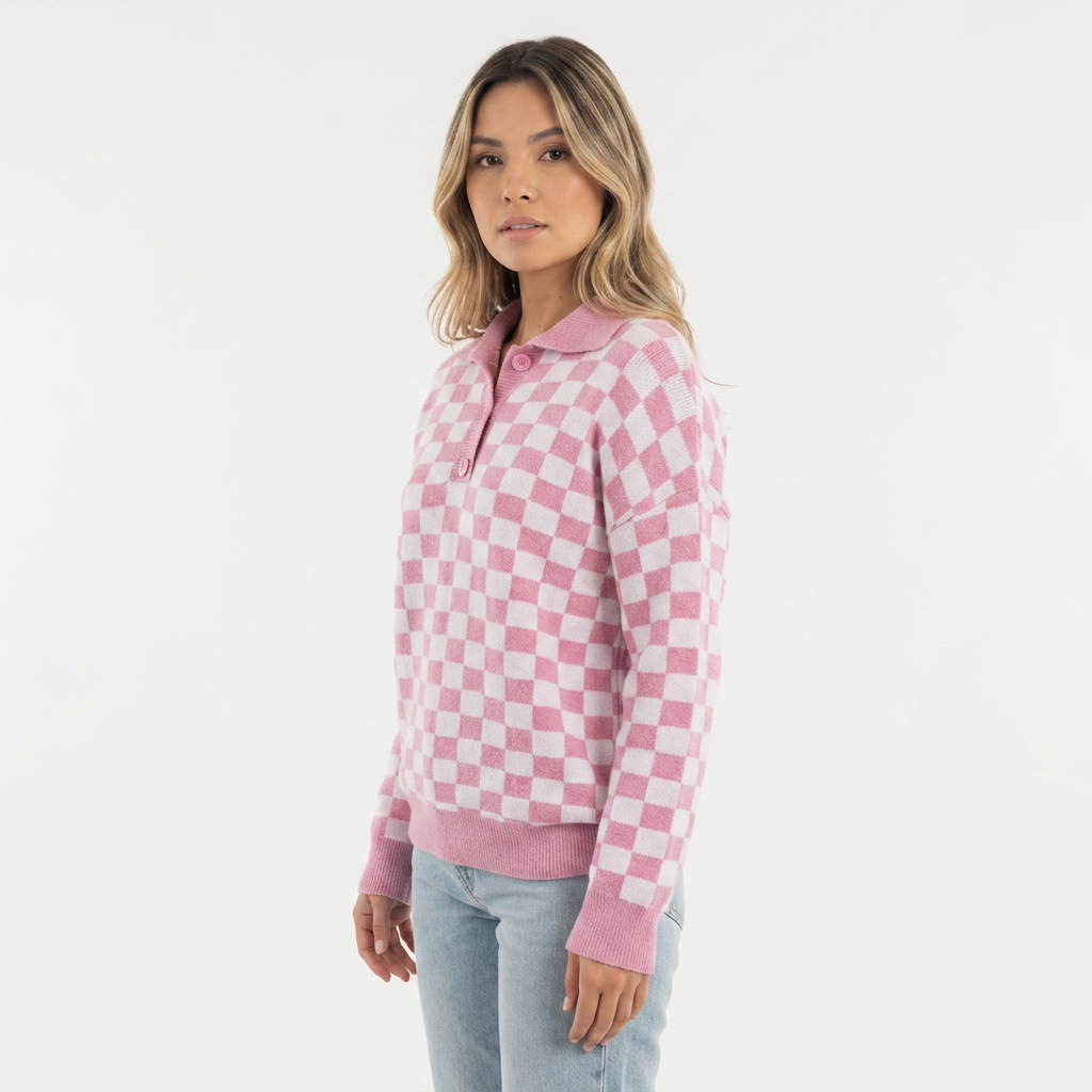 Jersey de Punto con Cuadros Damero y Cuello Polo con Botones