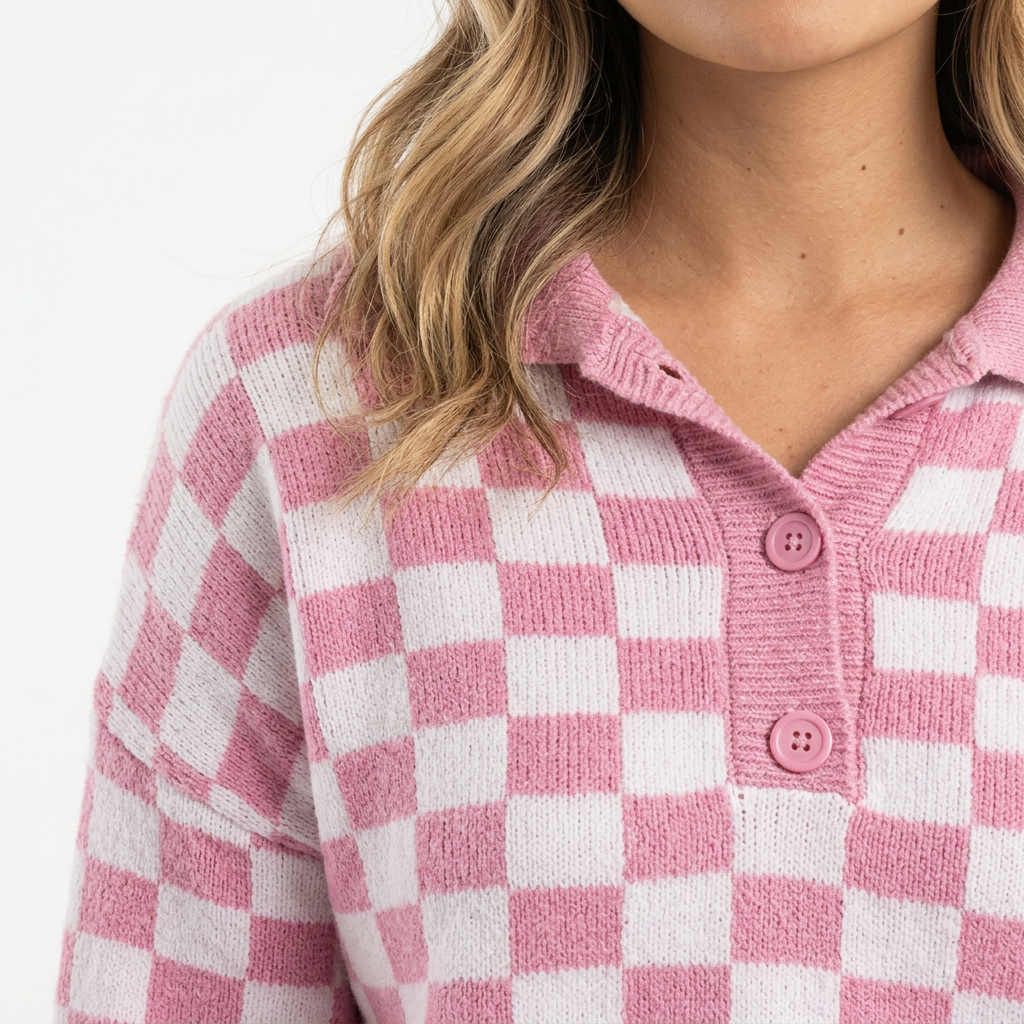 Jersey de Punto con Cuadros Damero y Cuello Polo con Botones