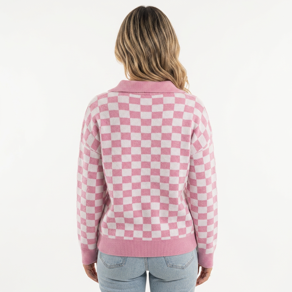 Jersey de Punto con Cuadros Damero y Cuello Polo con Botones