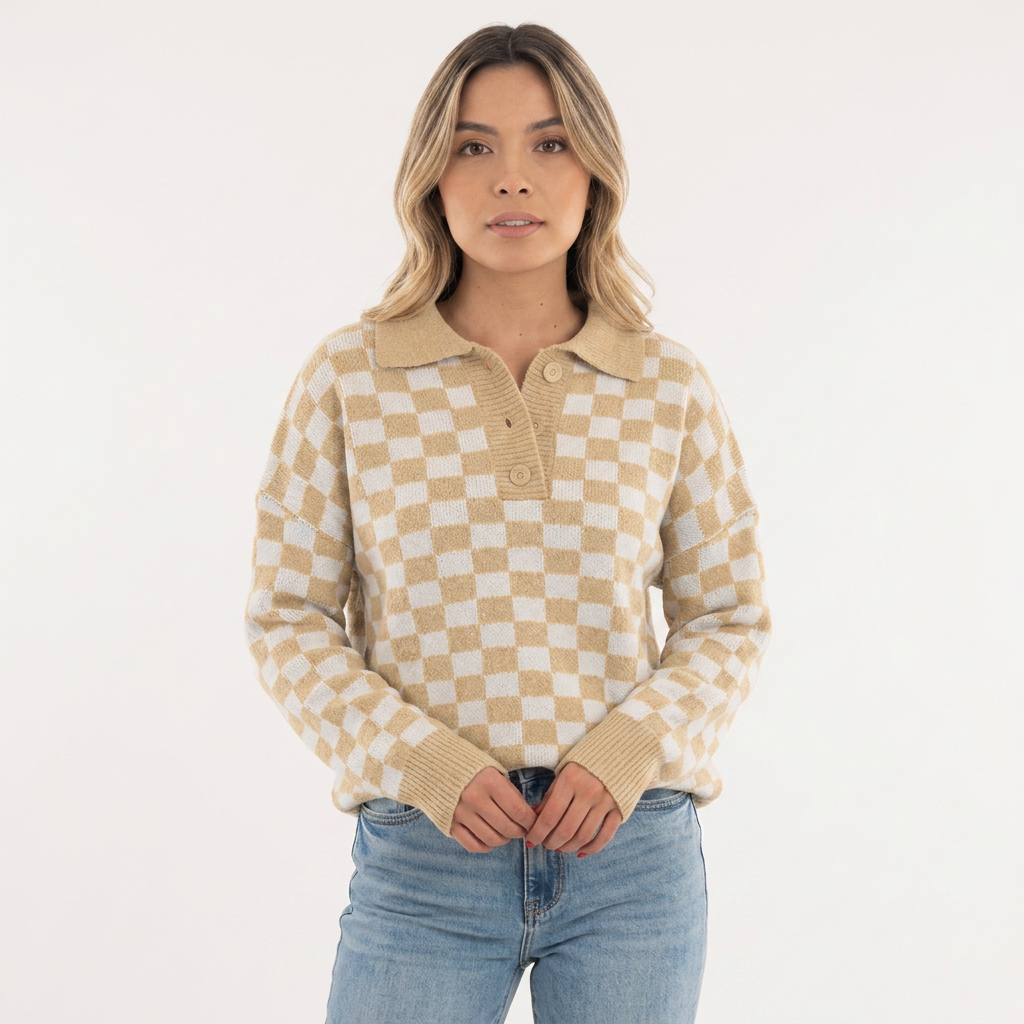 Jersey de Punto con Cuadros Damero y Cuello Polo con Botones - Beige