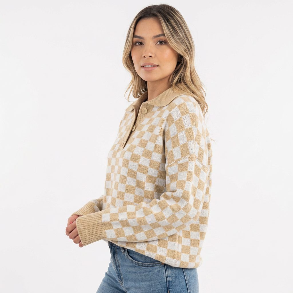 Jersey de Punto con Cuadros Damero y Cuello Polo con Botones