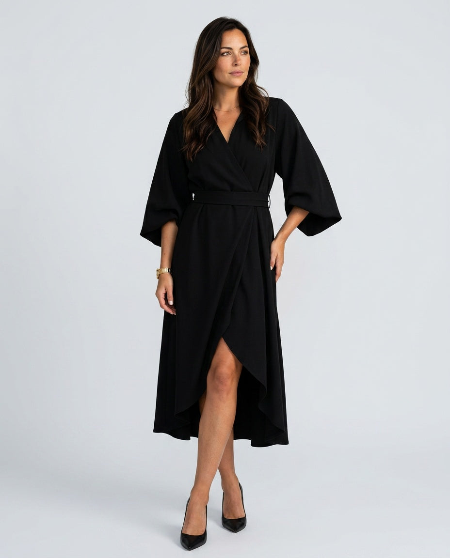 Rebeca | Vestido Largo Drapeado Asimétrico con Cinturón y Manga Capa - vista 3