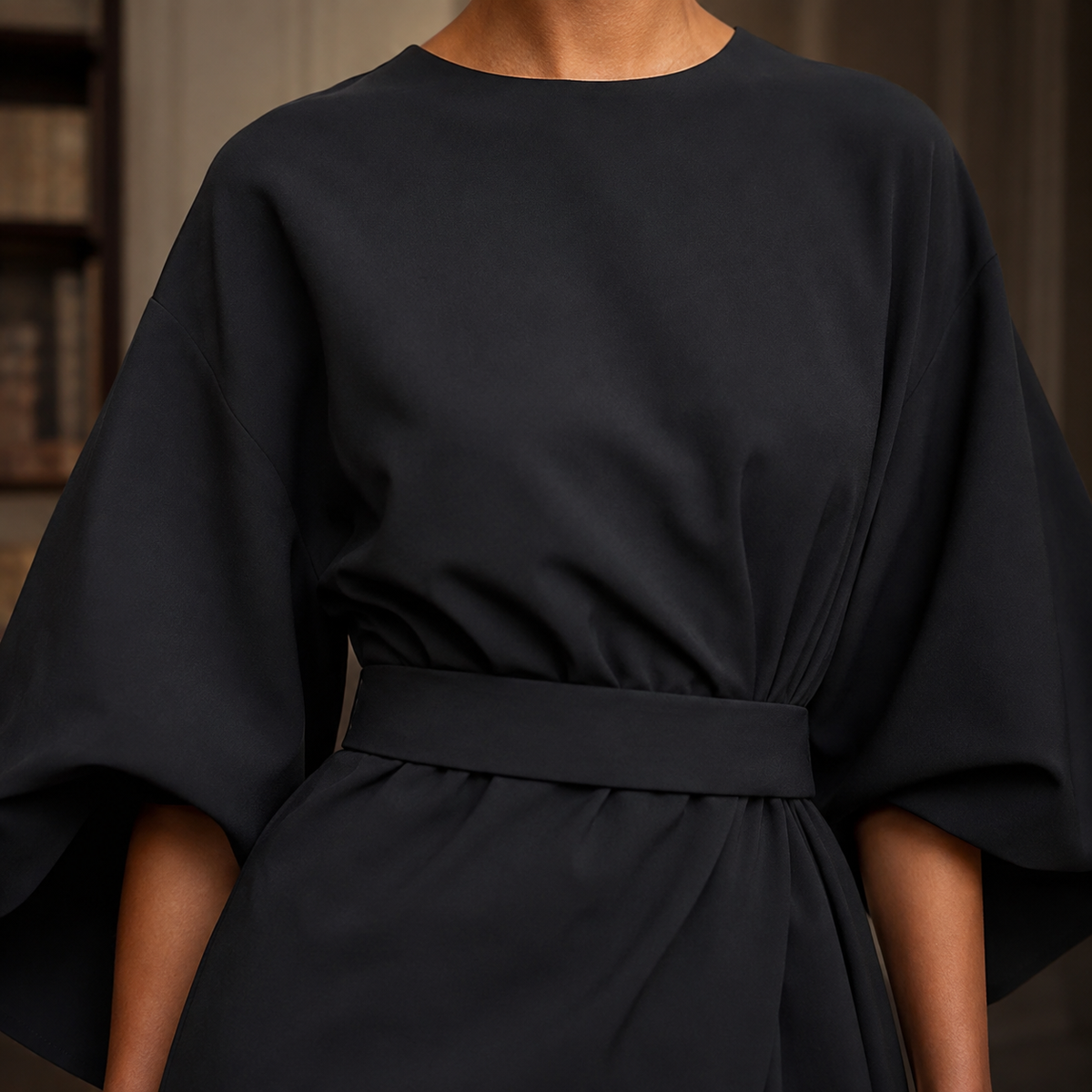 Rebeca | Vestido Largo Drapeado Asimétrico con Cinturón y Manga Capa - vista 5