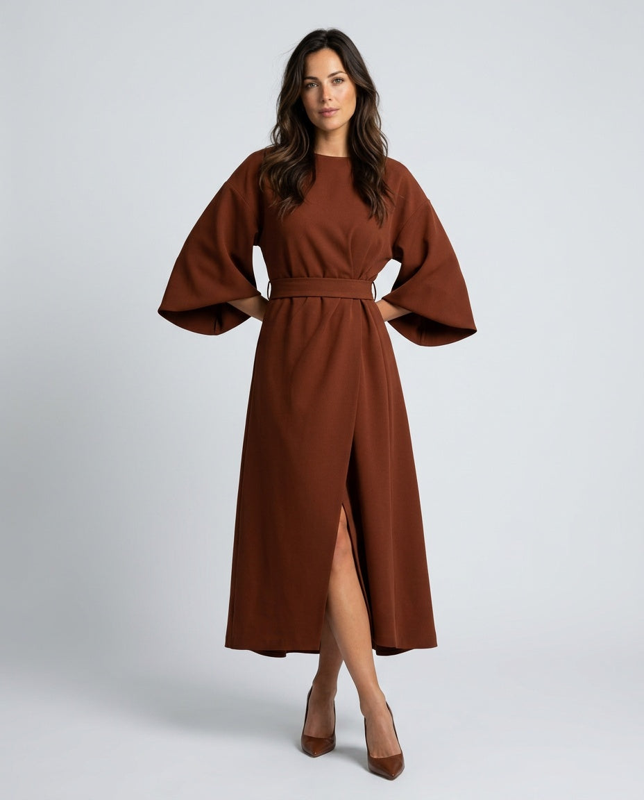 Rebeca | Vestido Largo Drapeado Asimétrico con Cinturón y Manga Capa - vista 7