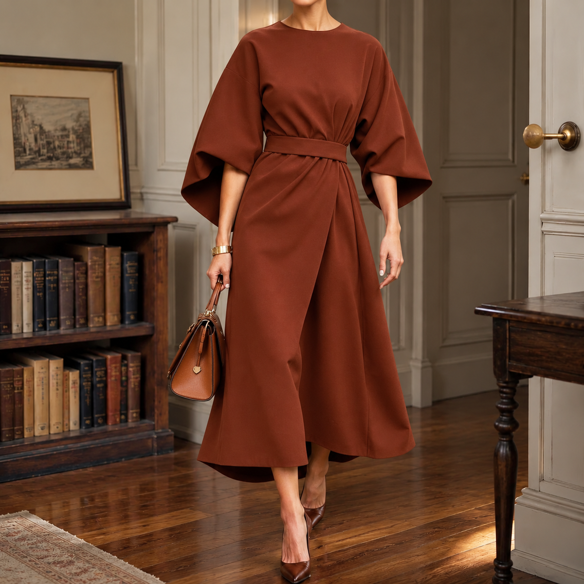 Rebeca | Vestido Largo Drapeado Asimétrico con Cinturón y Manga Capa - vista 9