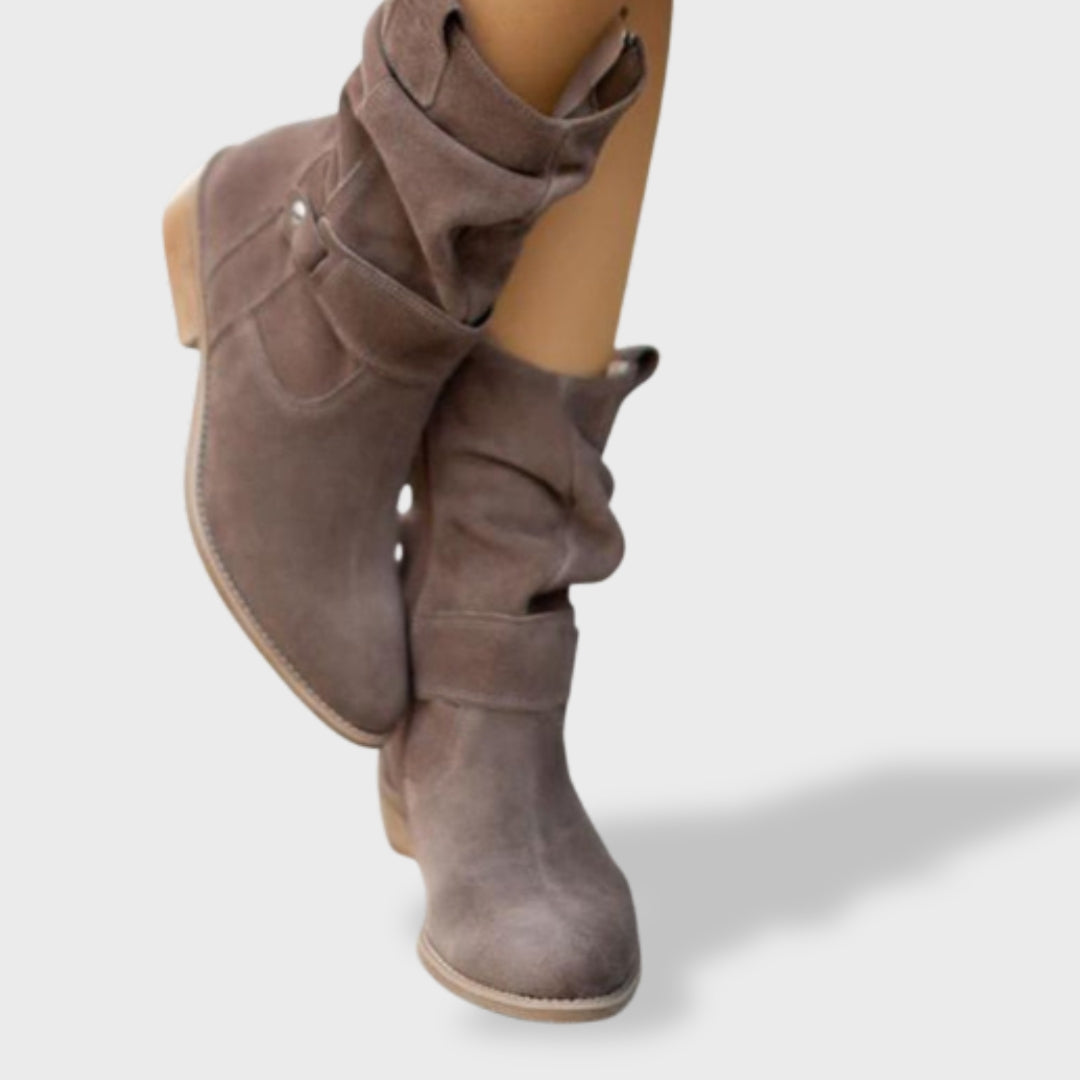 Regina | Botines Slouchy Efecto Ante con Puntera Redonda y Tacón Bajo - Gris oscuro