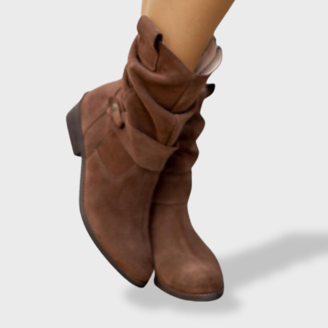 Regina | Botines Slouchy Efecto Ante con Puntera Redonda y Tacón Bajo - Marrón oscuro