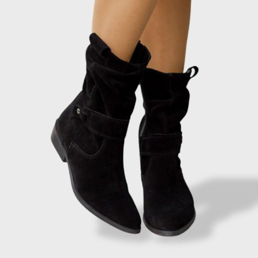 Regina | Botines Slouchy Efecto Ante con Puntera Redonda y Tacón Bajo - Negro