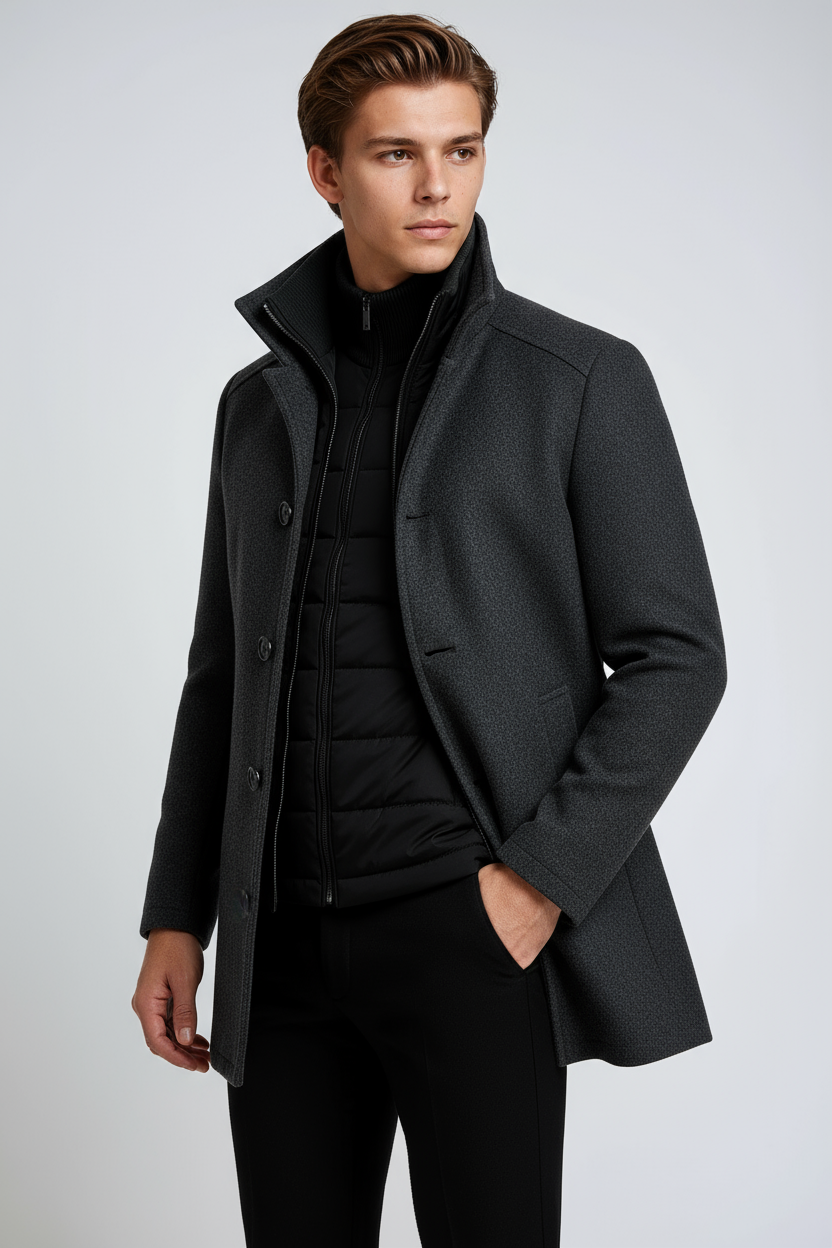 Remigio | Abrigo de Invierno para Hombre Tacto Lana con Cuello Alto - Gris