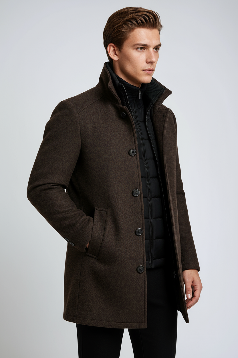 Remigio | Abrigo de Invierno para Hombre Tacto Lana con Cuello Alto - Marrón
