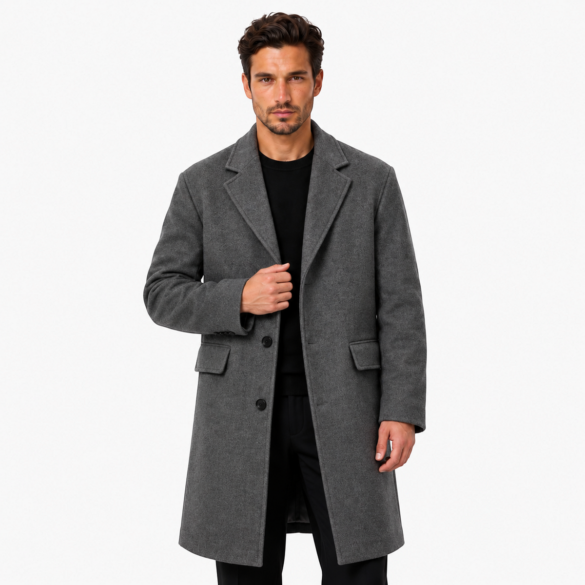 Ricardo | Abrigo Largo de Hombre Tacto Lana con Solapa Clásica - Gris oscuro