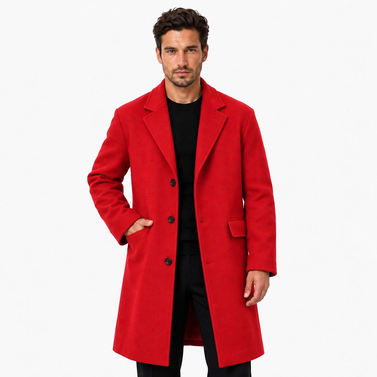 Ricardo | Abrigo Largo de Hombre Tacto Lana con Solapa Clásica - Rojo
