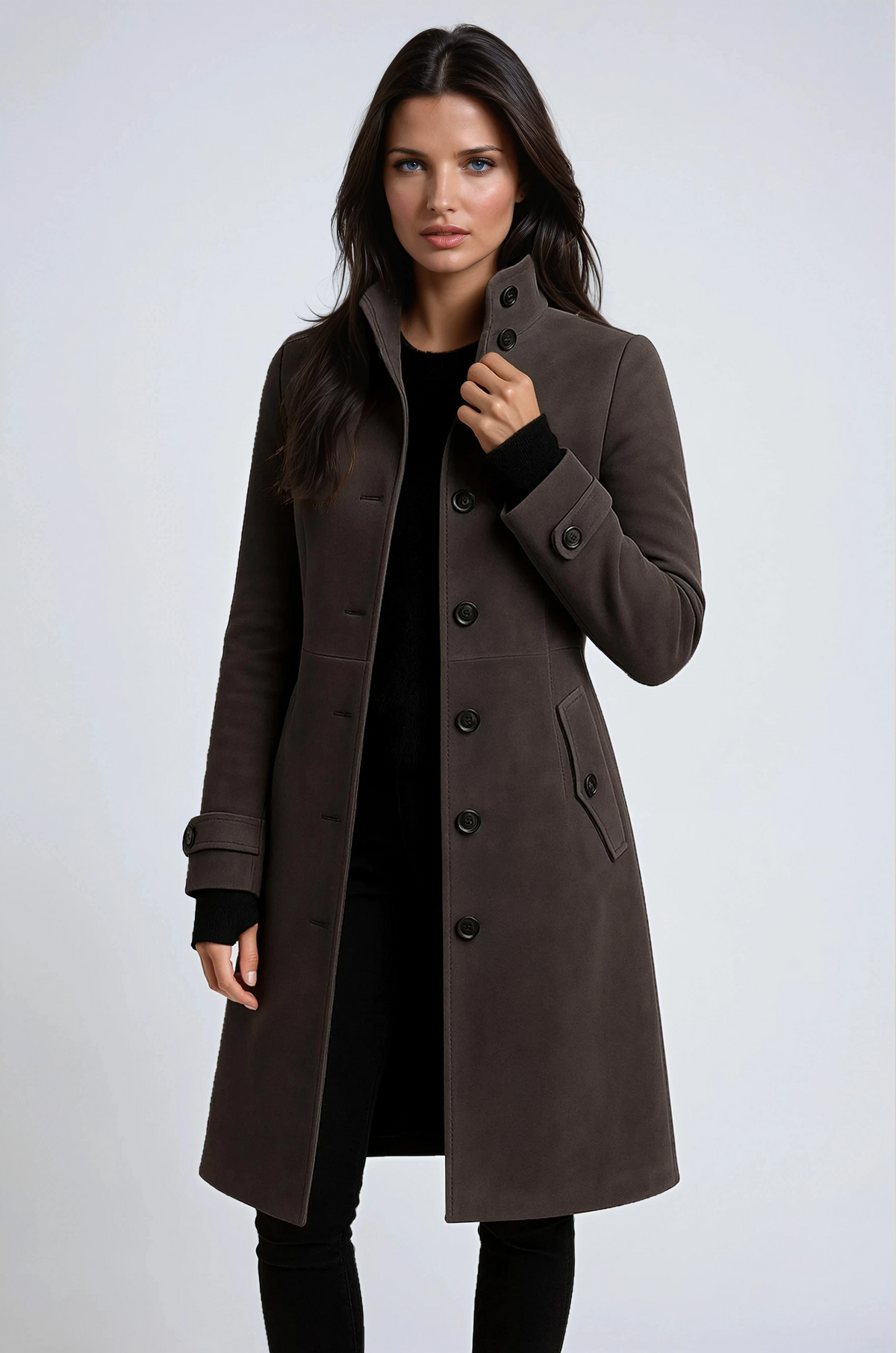 Rosa | Abrigo Largo Entallado con Cuello Alto y Botonadura - Gris oscuro