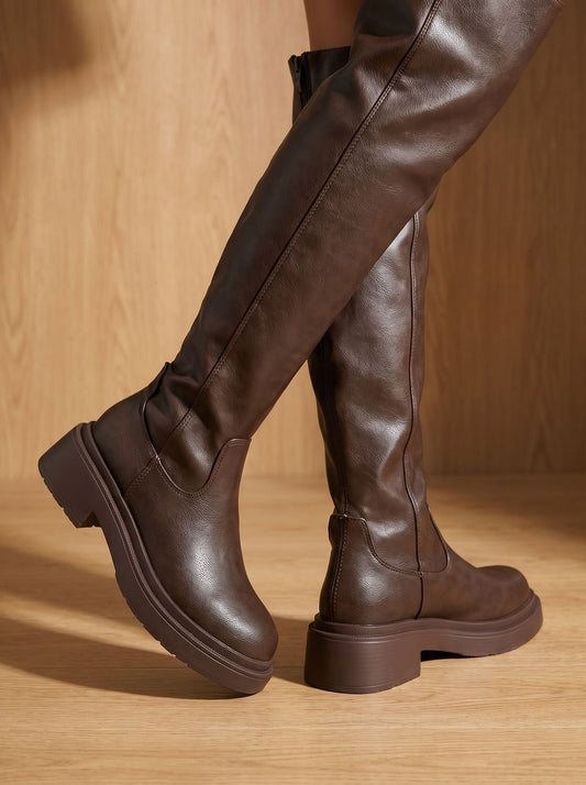 Rosalinda | Botas Mosqueteras Efecto Piel con Plataforma y Panel Elástico