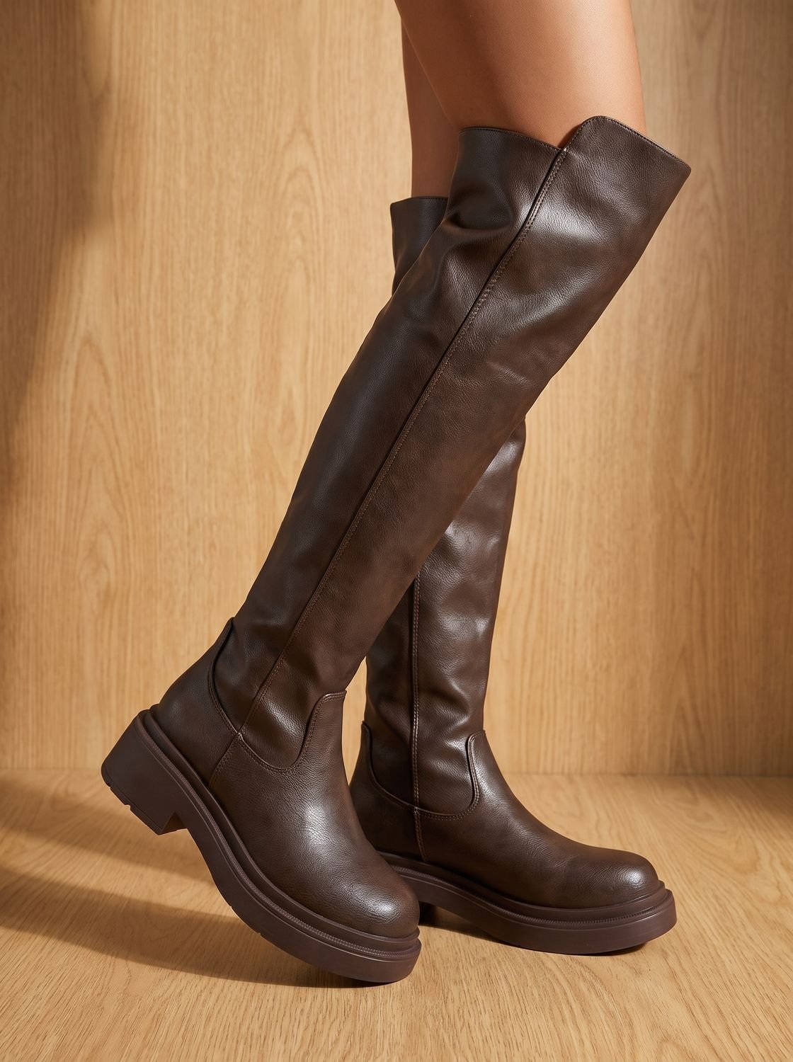 Rosalinda | Botas Mosqueteras Efecto Piel con Plataforma y Panel Elástico - Chocolate