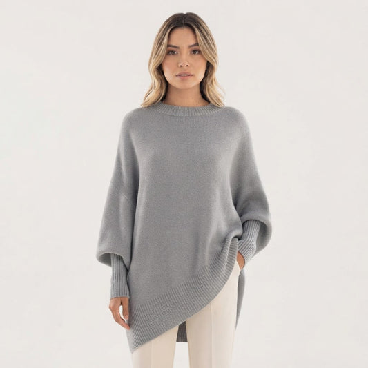 Jersey Oversize de Punto con Bajo Asimétrico y Cuello Redondo - Gris