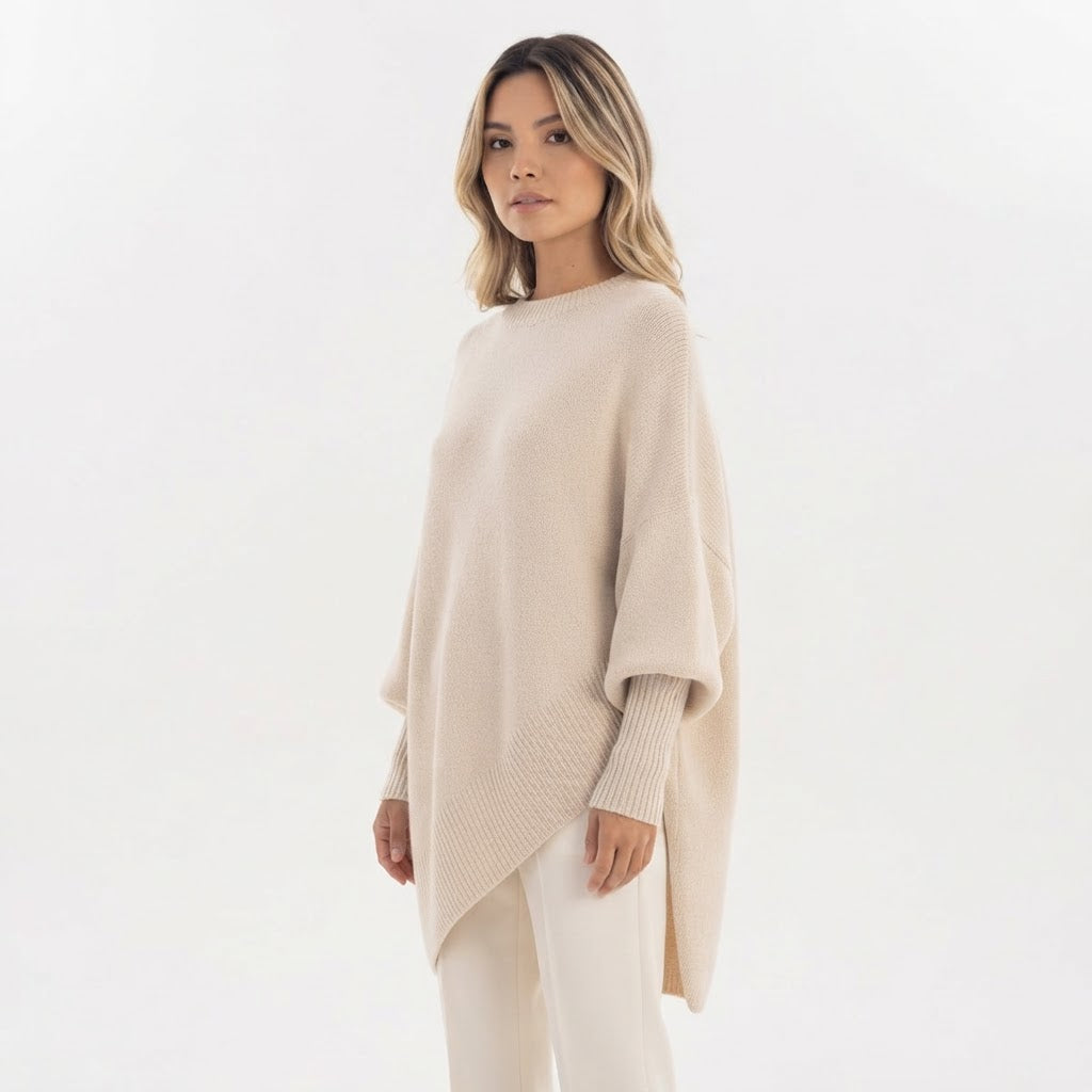 Jersey Oversize de Punto con Bajo Asimétrico y Cuello Redondo