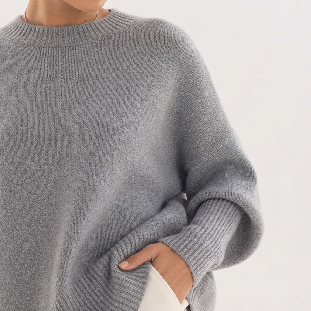 Jersey Oversize de Punto con Bajo Asimétrico y Cuello Redondo