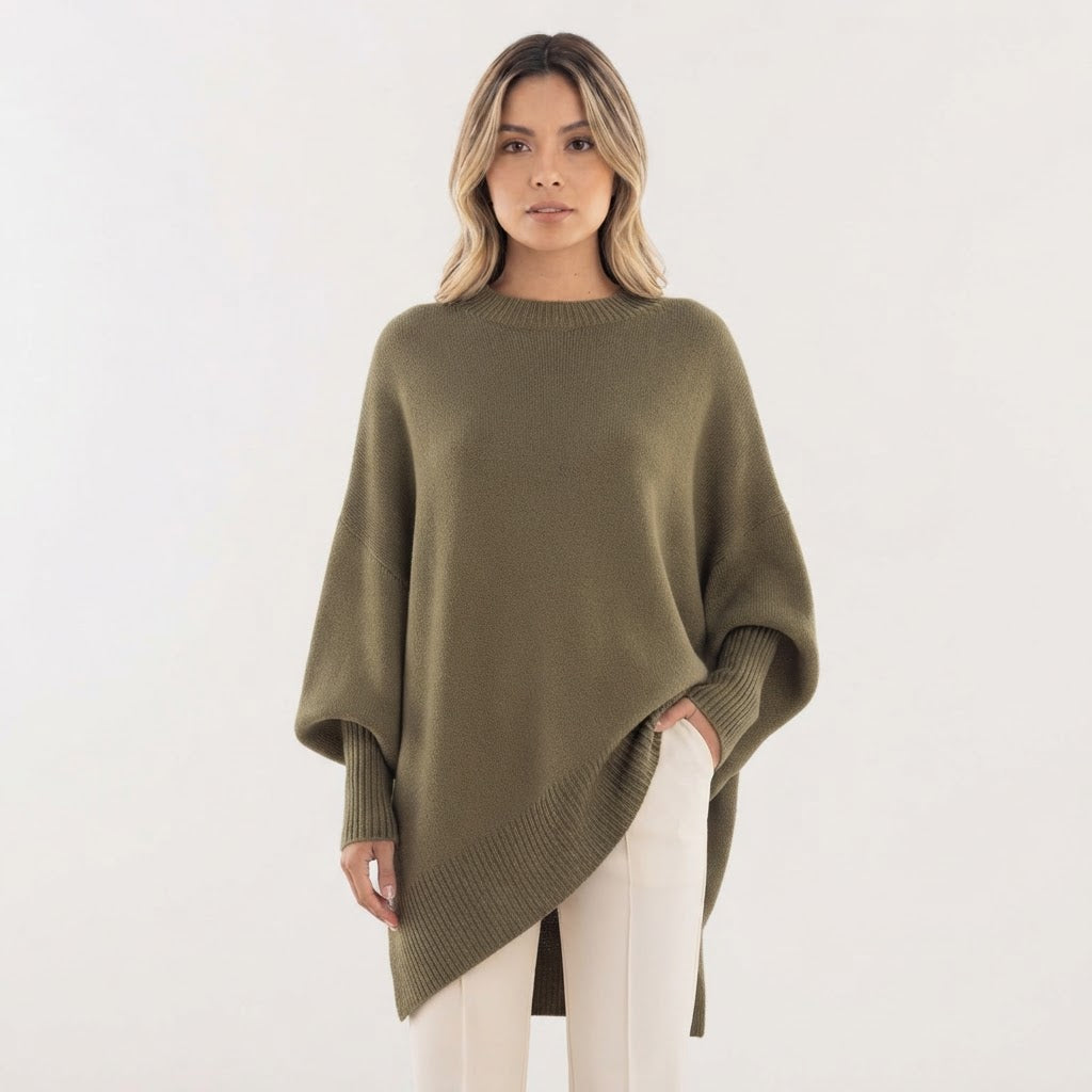 Jersey Oversize de Punto con Bajo Asimétrico y Cuello Redondo - Verde oliva