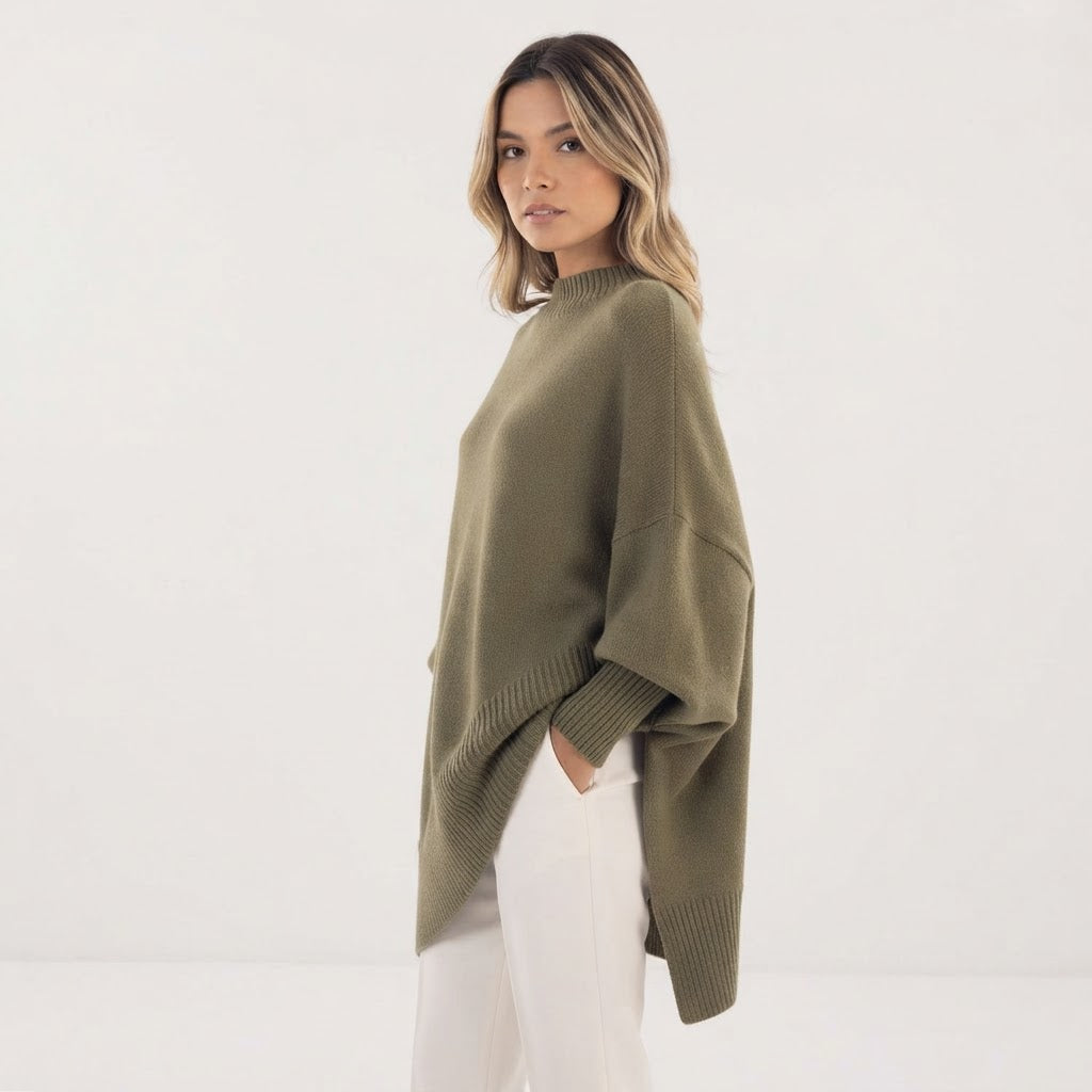 Jersey Oversize de Punto con Bajo Asimétrico y Cuello Redondo