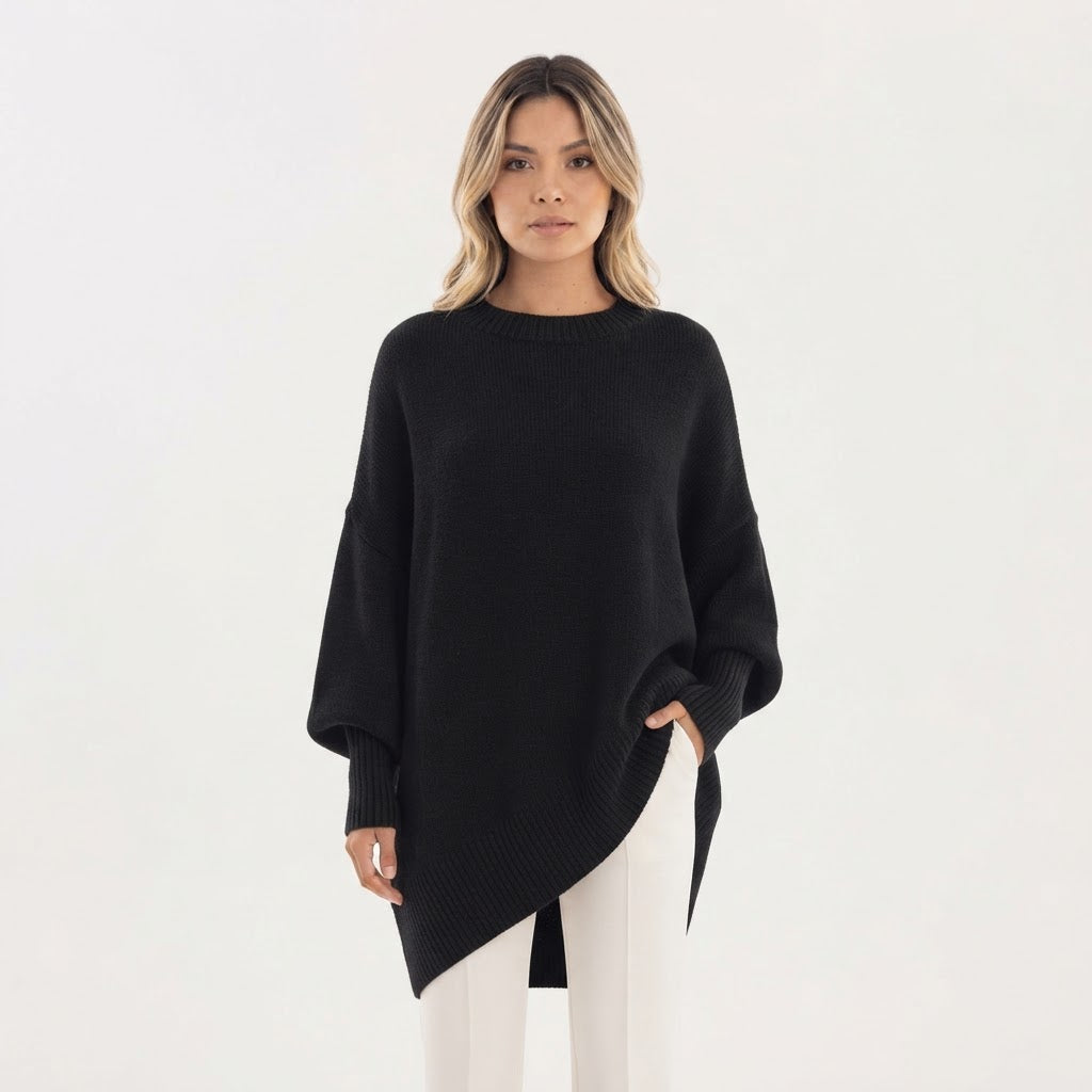 Jersey Oversize de Punto con Bajo Asimétrico y Cuello Redondo - Negro