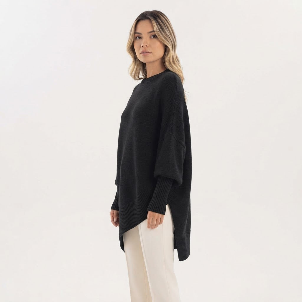 Jersey Oversize de Punto con Bajo Asimétrico y Cuello Redondo